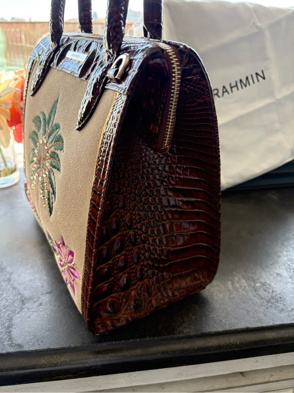 Brahmin Taupe Satchel with Brown Croc Trim and Green & Pink Embroidery
